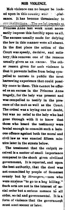 Shameful Past: Lynchings on Delmarva- William Andrews Lynched in Princess Anne in 1897